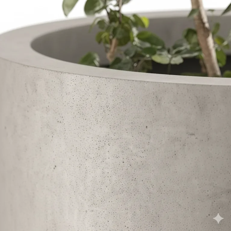 Close-up of the surface and finish of a round concrete planter