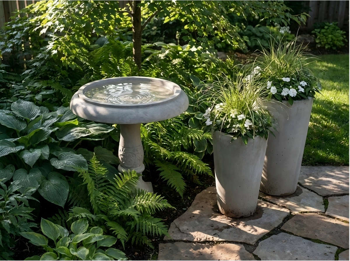 About Kante 2 kante concrete birdbath with matching tall pots