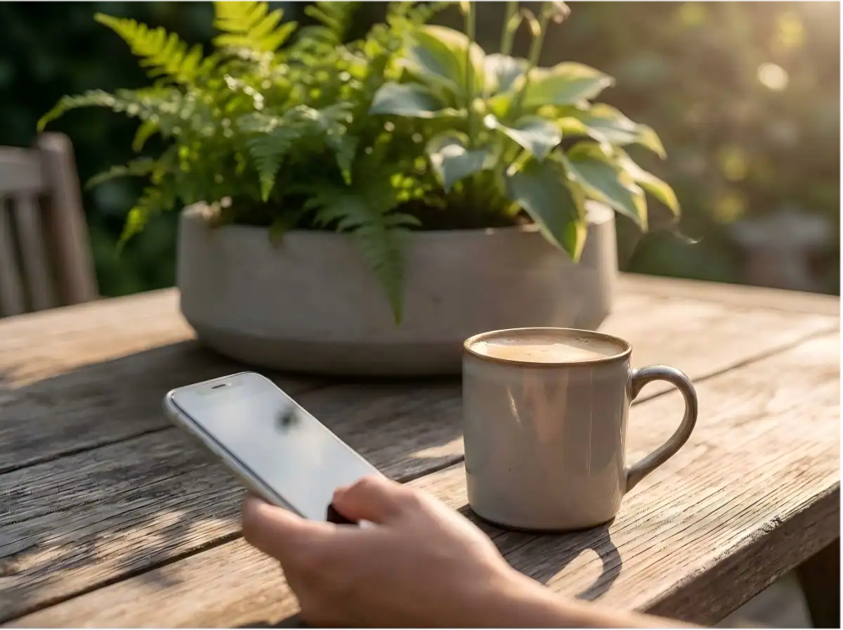 A customer checking their Kante Garden order on a smartphone while sitting at a wooden table with coffee and a potted fern.