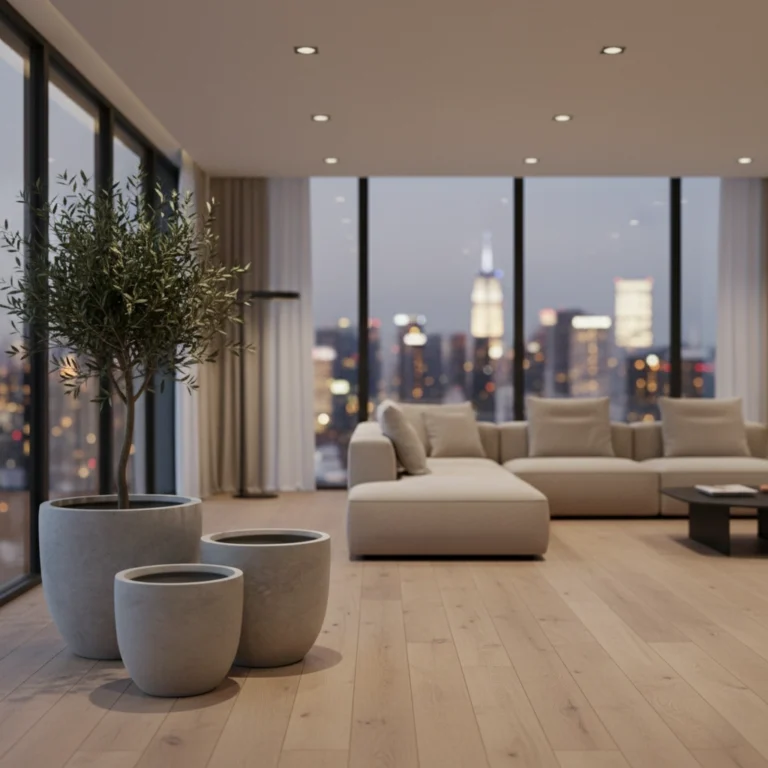 Light grey concrete planter featuring an indoor olive tree