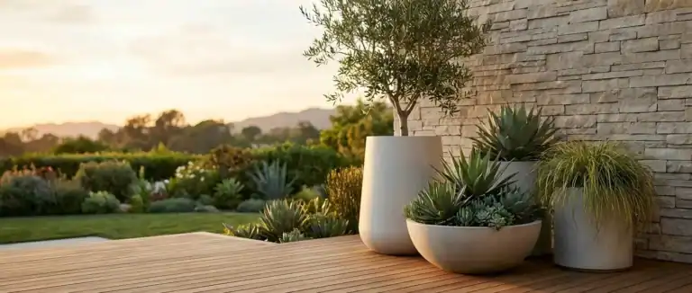 Light gray concrete planters in bowl and tall tapered shapes on a wooden deck.