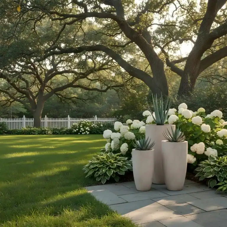 Tall concrete planters arranged in an American-style garden