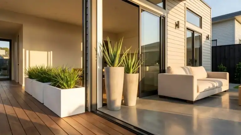 White rectangular concrete planters on a contemporary outdoor deck