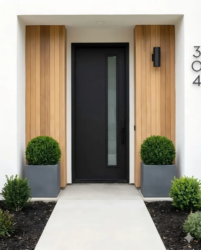 Grey planters framing a modern front entrance