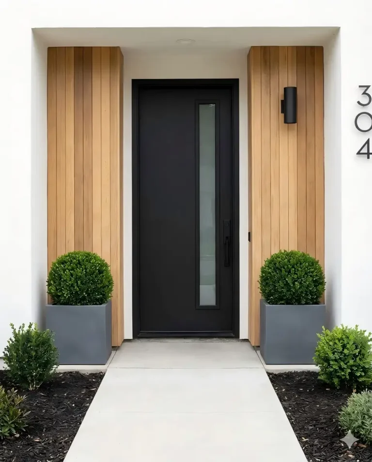 Grey KANTE concrete planters with shrubs at a modern front entrance