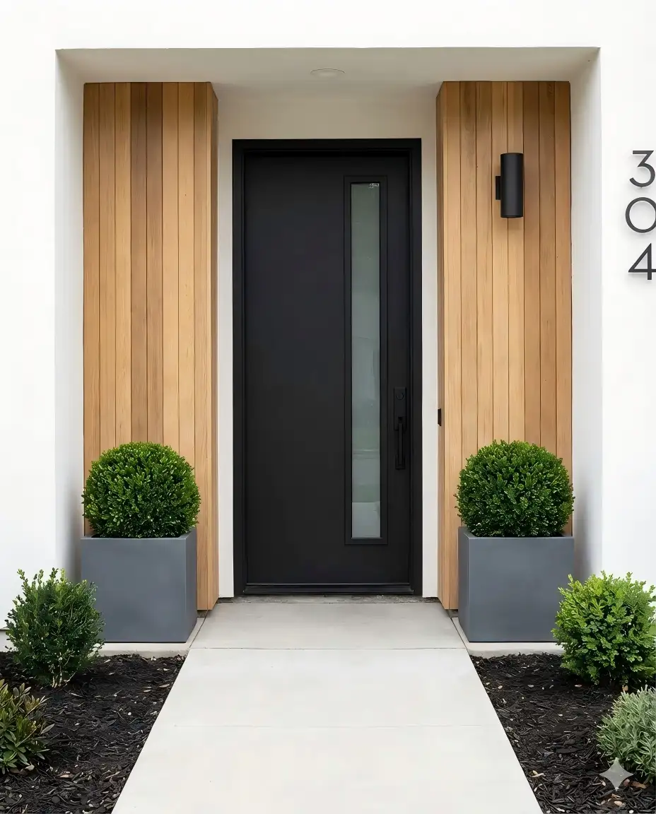 Concrete planters framing a front porch entrance