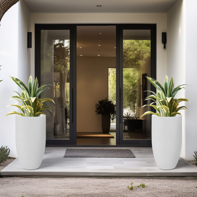 Two KANTE tall white concrete planters with foliage at a modern front entrance.