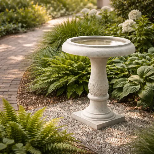 KANTE ornate lightweight concrete birdbath with detailed floral carvings in a lush garden