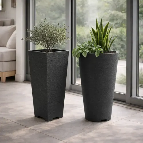 Pair of KANTE tall charcoal textured self-watering plastic planters for modern indoor and outdoor use